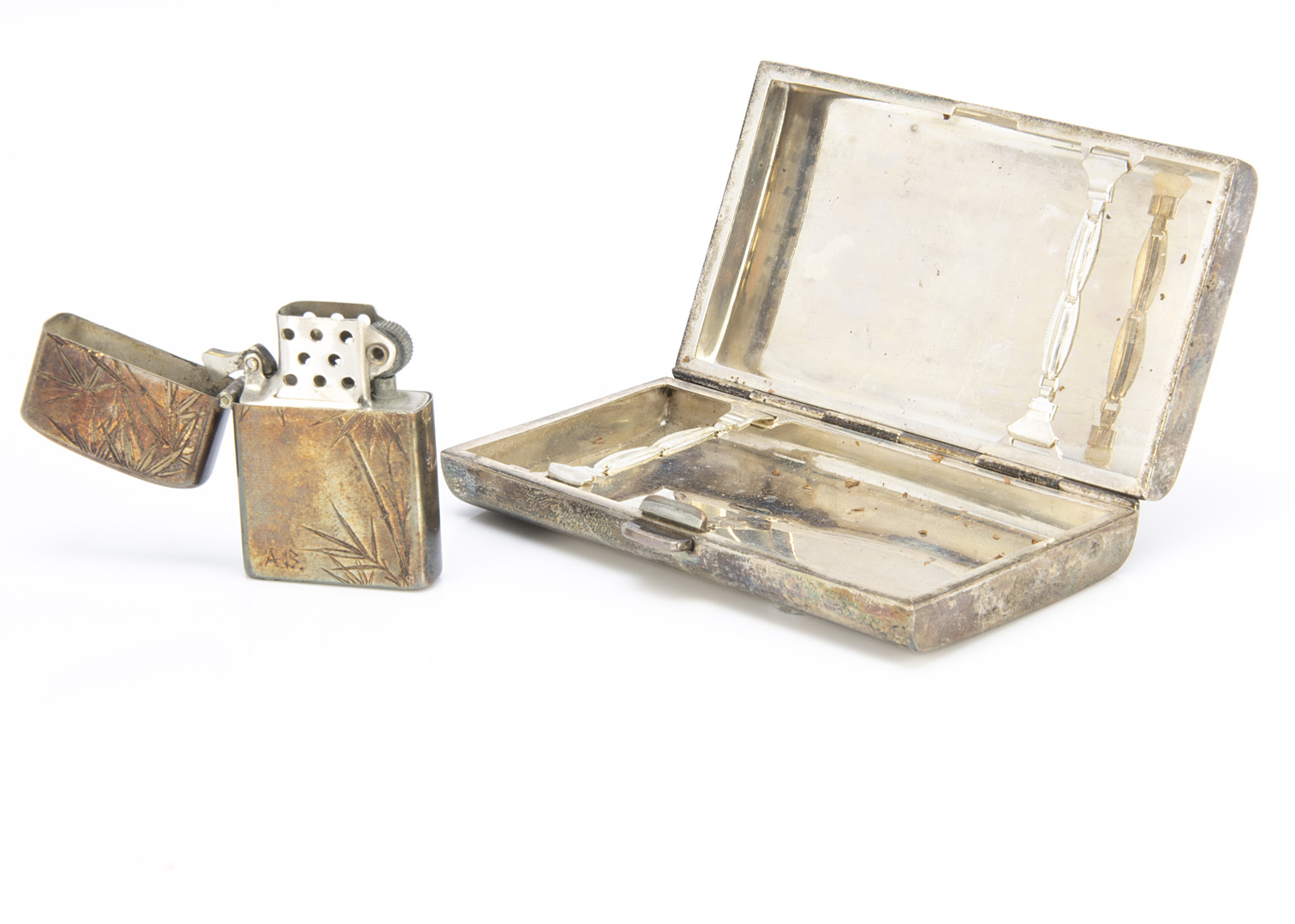 An Art Deco period Japanese white metal cigarette case and lighter, with bamboo design (2) - Image 2 of 2