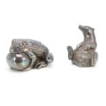 Two modern silver filled animals, including an otter, 5.5cm high and a frog, 7cm long, both with