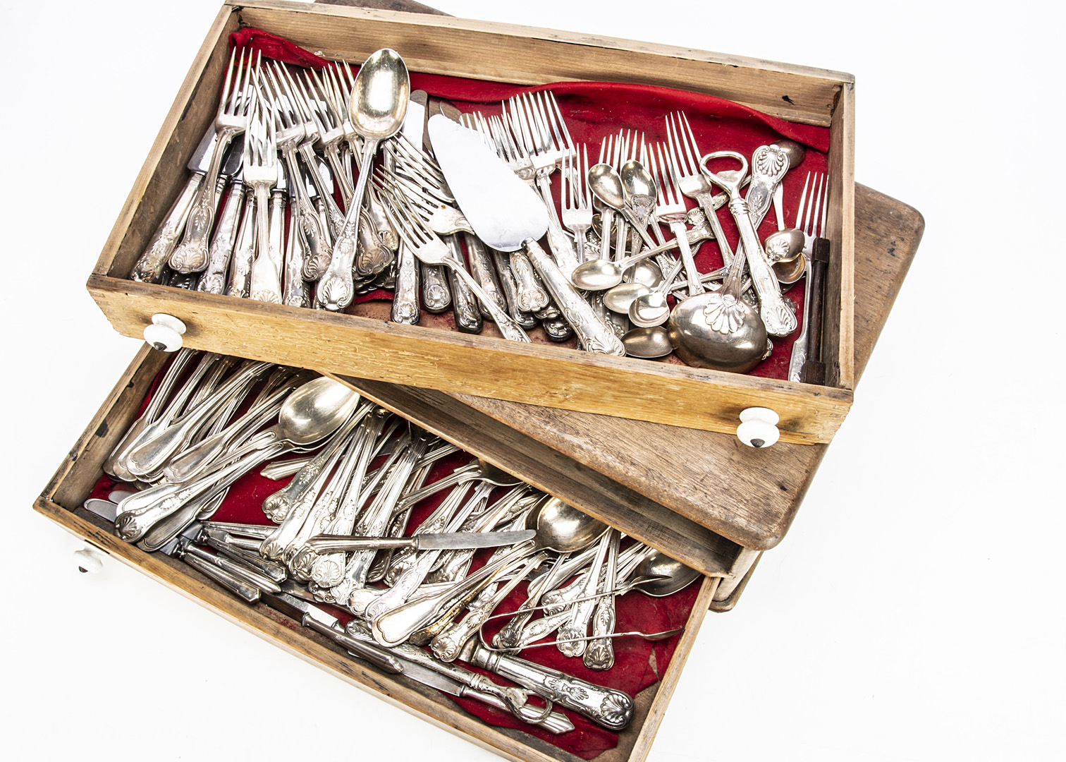 A part canteen of silver plated kings pattern cutlery, together with a set of silver plated fiddle