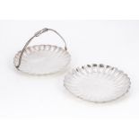 Two mid 20th century Japanese white metal chrysanthemum shaped dishes, 8.2 ozt, one swing handle,