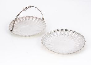 Two mid 20th century Japanese white metal chrysanthemum shaped dishes, 8.2 ozt, one swing handle,