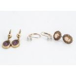 A pair of 14ct gold and cubic zirconia ear studs, a pair of 9ct gold cameo ear studs and a pair of