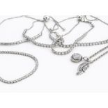 Five silver cubic zirconia set bracelets, and a silver and diamond set leaf pendant and chain and