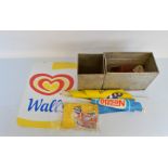 A double sided metal Wall's Ice Cream sign, and two vintage Wall's Ice Cream branded aluminium