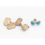 A pair of 9ct gold cufflinks, with crest of swans head and neck, engraved monograms, together with a