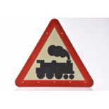 Cast Alloy Road Sign Level Crossing Ahead With No Barrier, a triangular sign with red border