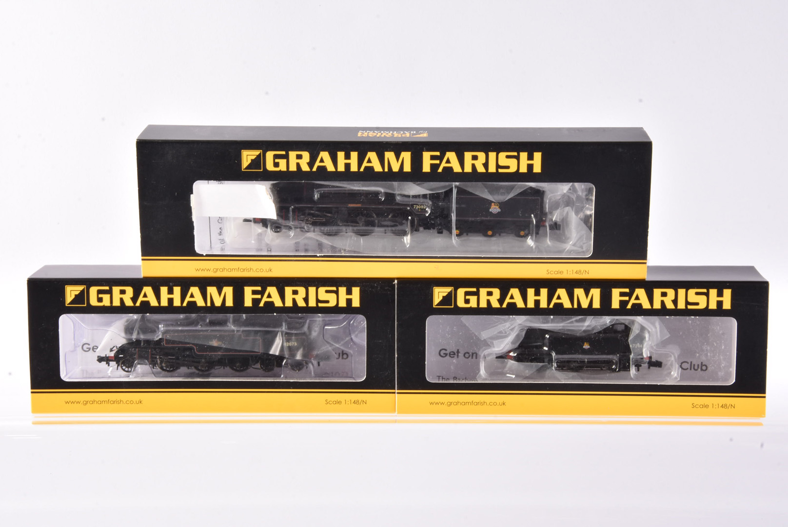Graham Farish by Bachmann N Gauge Steam Locomotives, three cased examples, all with card sleeves,