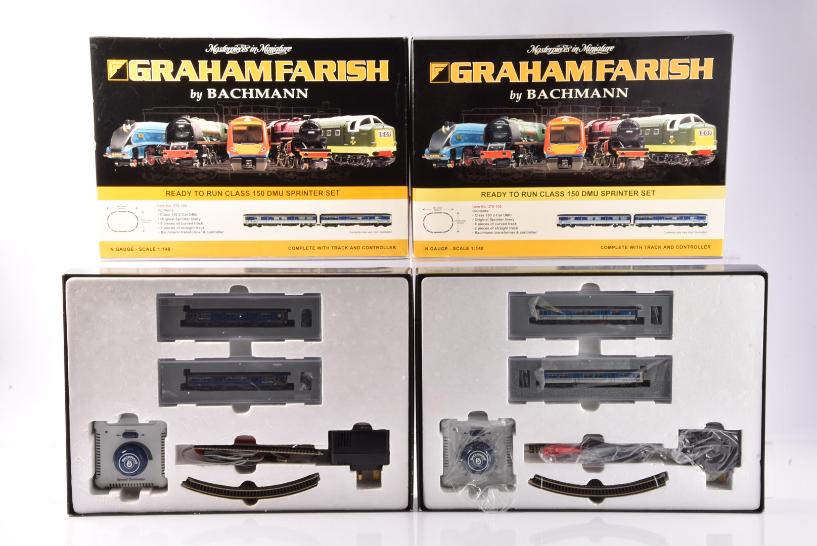 Graham Farish by Bachmann N Gauge Class 150 DMU Sets, two boxed 370-105 examples each including