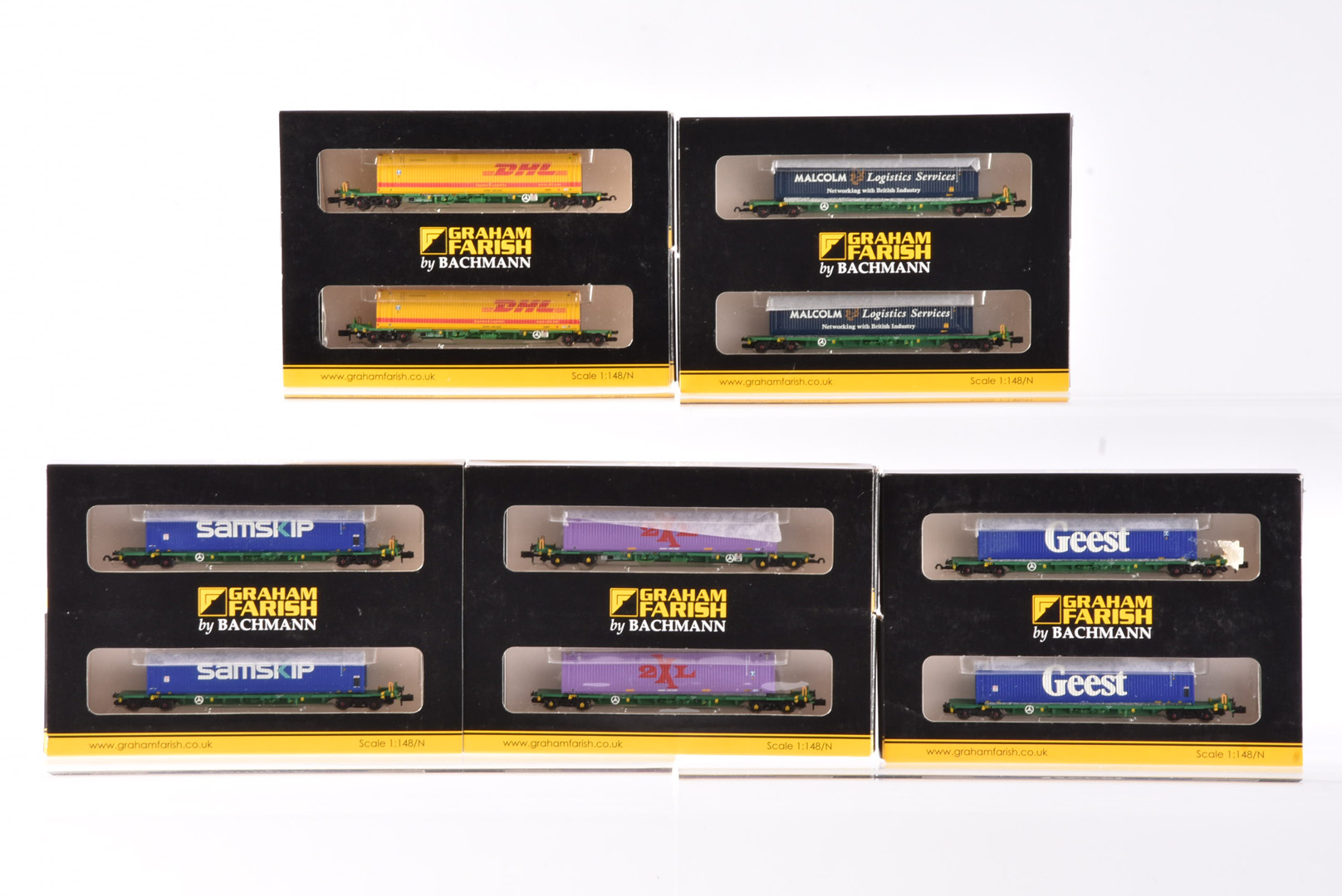 Graham Farish by Bachmann N Gauge Intermodal Bogie Wagon Packs, a boxed group all with card sleeves,