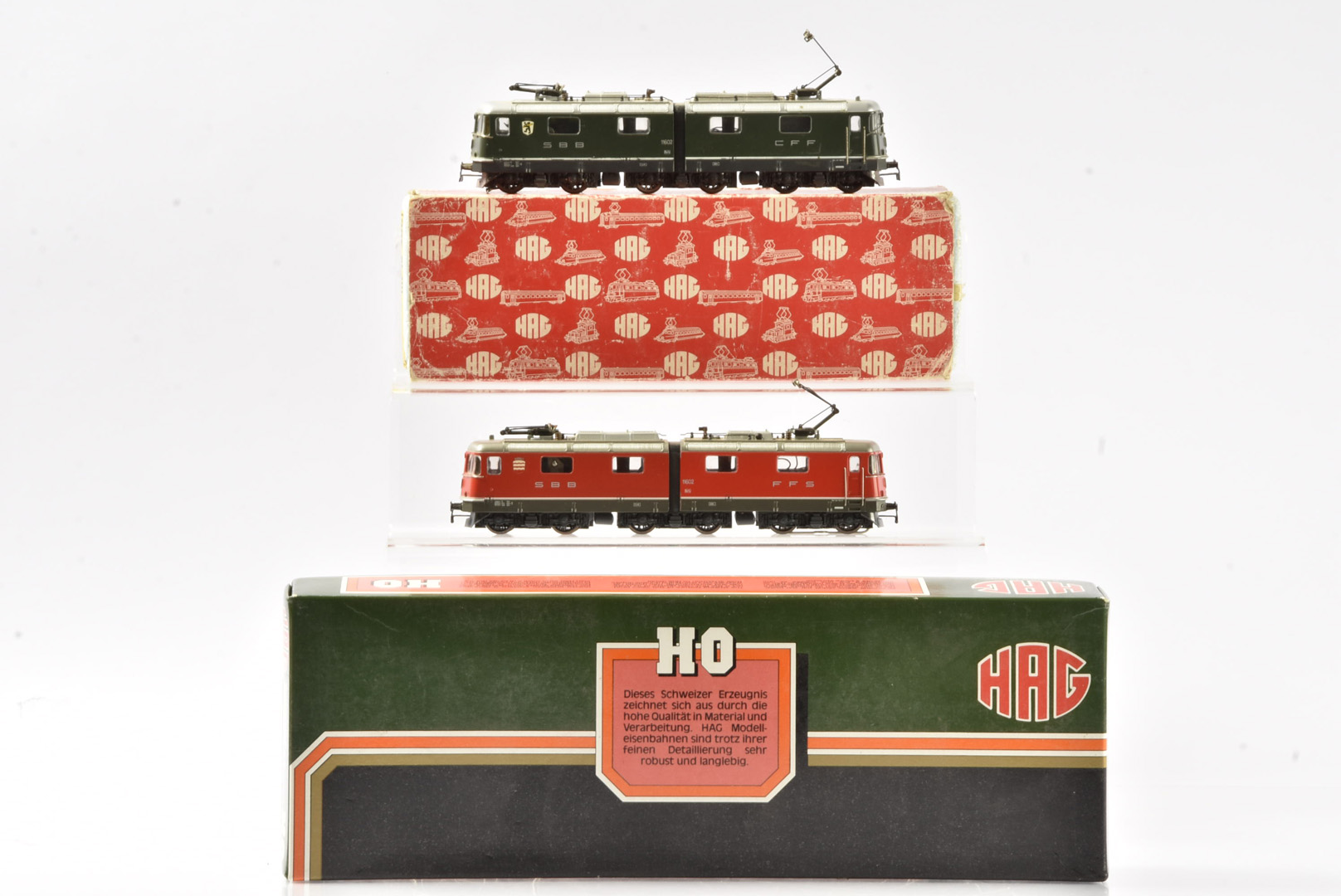 HAG HO Gauge Swiss Electric Locomotives, two boxed articulated examples 198 Re 6/6 11602 in red