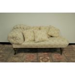 A Victorian and later upholstered chaise longue, with six cushions in matching fabric, AF, torn to