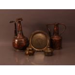 Three Indian brass items, a small plate/tray 24cm in diameter and two pots with covers, together