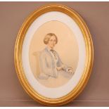 19th Century English School, watercolour of a Seated Lady, in a gilt oval frame, signed lower left
