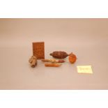 A Collection of carved Far Eastern hardwood treen items, including a card case 11cm high, a carved