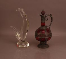 A far eastern cranberry glass wine ewer, Pewter mounted and decorated 34cm, together with a glass