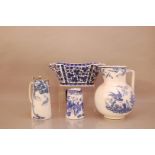 A group of 19th century blue and white ceramic items, comprising, a large water jug with bird design