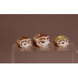 Three Royal Crown Derby paperweights, bone china, comprising the Bramble Hedgehog, Primrose Hedgehog