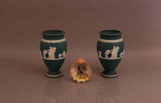 A pair of 20th century green Wedgwood Jasperware vases, 20cm high, together with a Worcester blush