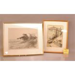 A collection of framed works, including a watercolour of Rye Harbour by Laurie Tayler, a limited