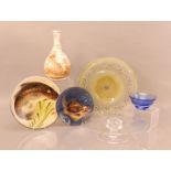 A collection of studio pottery and glass, including two glass pieces by William Yeoward, a cut glass