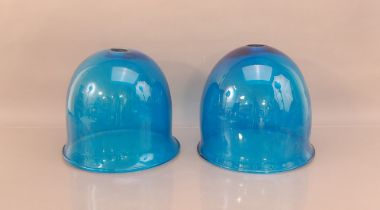 Two large blue glass industrial lamp shades, 30cm high (2)