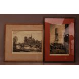A pair of framed etchings, Notre Dame by Marion Rhodes, 27cm x 37cm and Bruges by Donald 37.5cm x