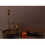 A collection of brass and copper metalware's, comprising a large copper two handled cooking pot 43cm