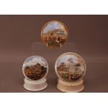 Three 19th century Exhibition themed ceramic pot lids, Two with the Great Exhibition, one with the