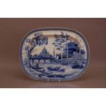 An early 19th century blue and white transfer ware platter, 42cm wide, Tiber Series, marked to the