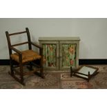 A vintage beech and rush seated child's chair, together with a painted bathroom cabinet and a