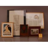 A collection of framed works, including an etching, book plates, oil of a hot air balloon, etc (