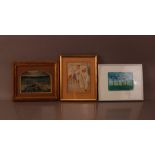 Three framed works of art, a gauche painting by Maggie Huscroft, a framed watercolour of a lady