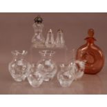 A collection of glass, including a coloured glass decanter, a silver topped salt shaker, four Stuart