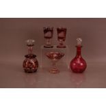 A group of early 20th century Bohemian glass items, including a decanter 23cm high, two glasses both