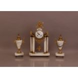 An early 20th century brass and marble Garniture, the eight day clock with finial lose, 41cm high,