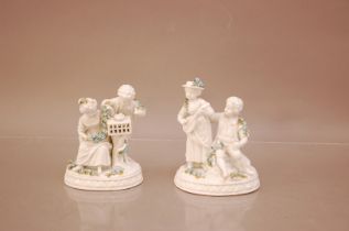 A pair of 20th century porcelain Dresden figural groups, 14.5cm and 15.5cm high, white with coloured