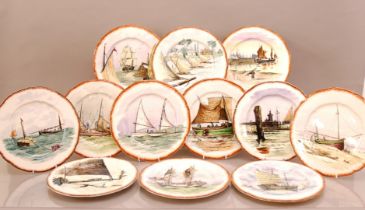 A large collection of polychrome transferware plates, retailed by Leveille, with marine scenes, 25cm