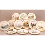 A large collection of polychrome transferware plates, retailed by Leveille, with marine scenes, 25cm