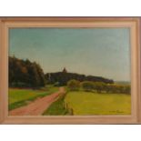 Soren Josva Christensen (Danish 1892-1948), Country landscape with a church spire, oil on canvas (