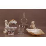 A collection of assorted ceramics and glass, including a decanter 27.5cm high, a faux shell 39cm
