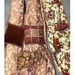 A group of curtains, comprising floral gilt curtains 202cm L x 80cm W and ties, two sets of
