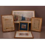 A group of framed prints, including two religious works, one letter of thanks from the Oxshot
