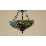 A second half 20th century stained glass ceiling light, in the Tiffany style, with two light bulb