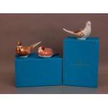 Three Royal Crown Derby Pheasant Bone China paperweights, together with two boxes, two limited