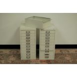A pair of modern white filing cabinets with large collection of sewing and related items, 28cm wide,