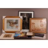 Two framed prints, one of Venice, the other a nude, a Furst framed photo, an unframed nude and a