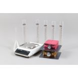 Laboratory Equipment, a Boy 110 & 115 lab jack, both move freely, some surface wear, a set of