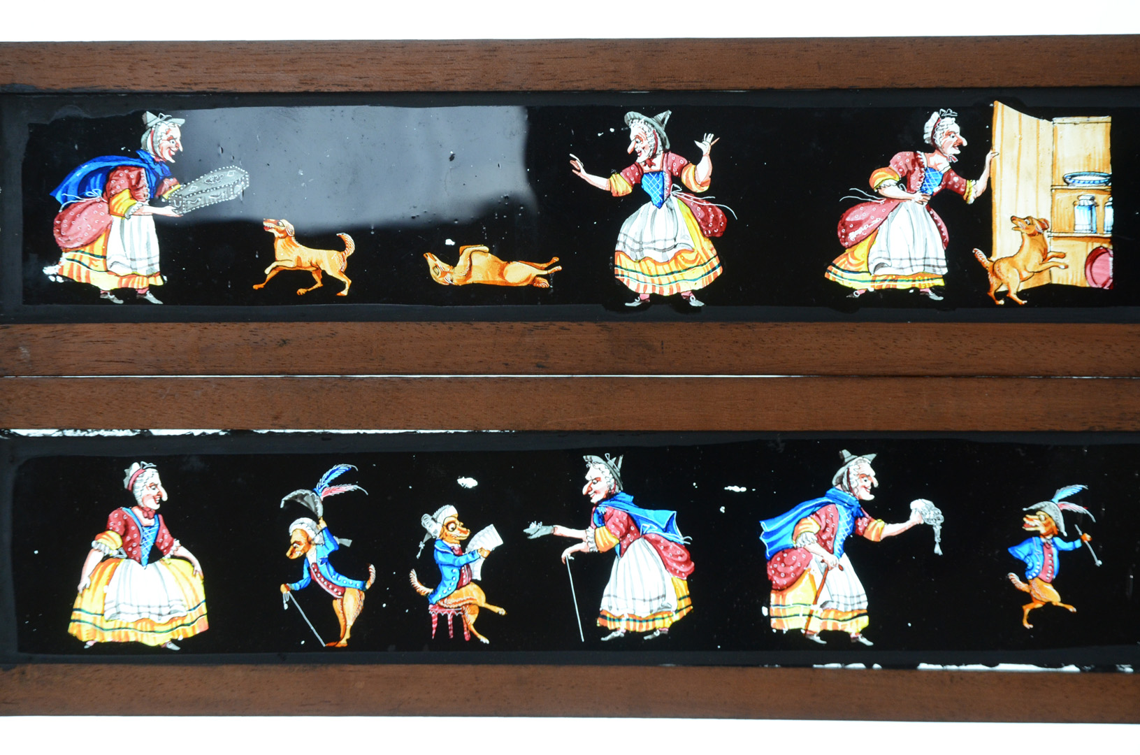 Mahogany-Mounted Magic Lantern Slides, mid to late 19th Century copper-plate/transfer print hand-