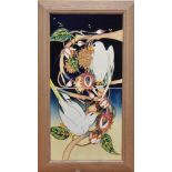 A framed Moorcroft pottery Double tile, titled birds of Paradise, 2003, in a wooden frame, 41.5cm