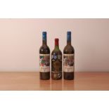 Three bottles of Novelty Rugby vintage French red wine, comprising Rugby World Cup 1991 bottle and